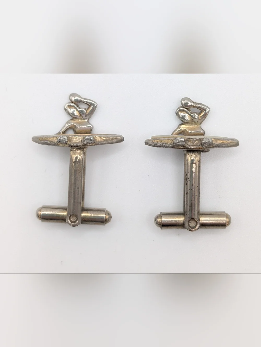 Vtg Surfer Girl Silver Tone Cufflinks Shell Top Surfboard